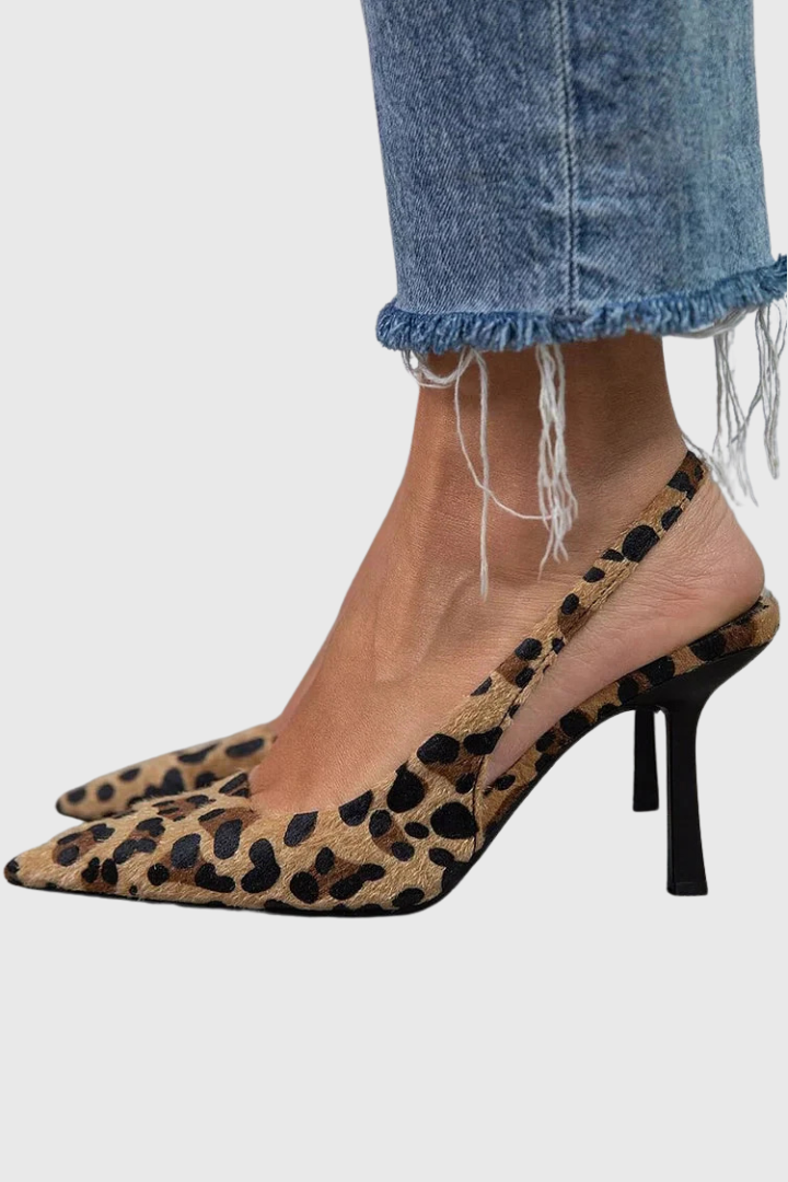 Seda - Scarpe con tacco a spillo color cachi con punta affusolata e stampa leopardata